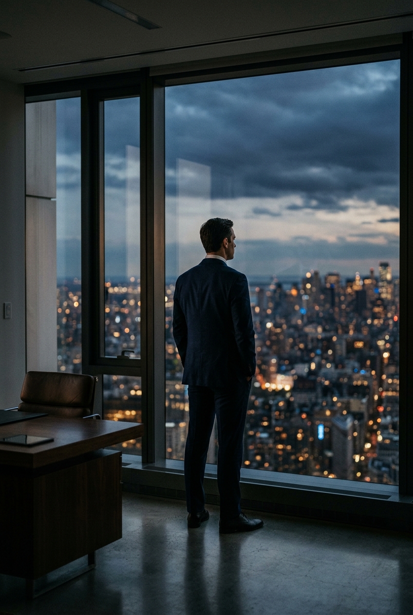 Executive standing alone at a high-rise office window at dusk, reflecting the isolation of leadership